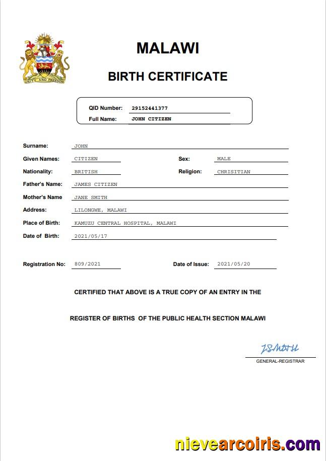 Malawi birth certificate